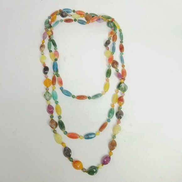 Vintage Set of 2 Colorful Beaded Necklaces, Long Layered, Plastic Beads, Estate - Picture 7 of 8